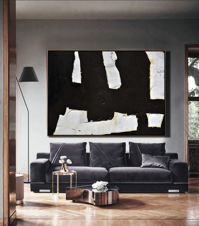 Hand-Painted Canvas Art,Horizontal Palette Knife Minimal Canvas Art Painting Black White Beige - Acrylic Painting Canvas Art